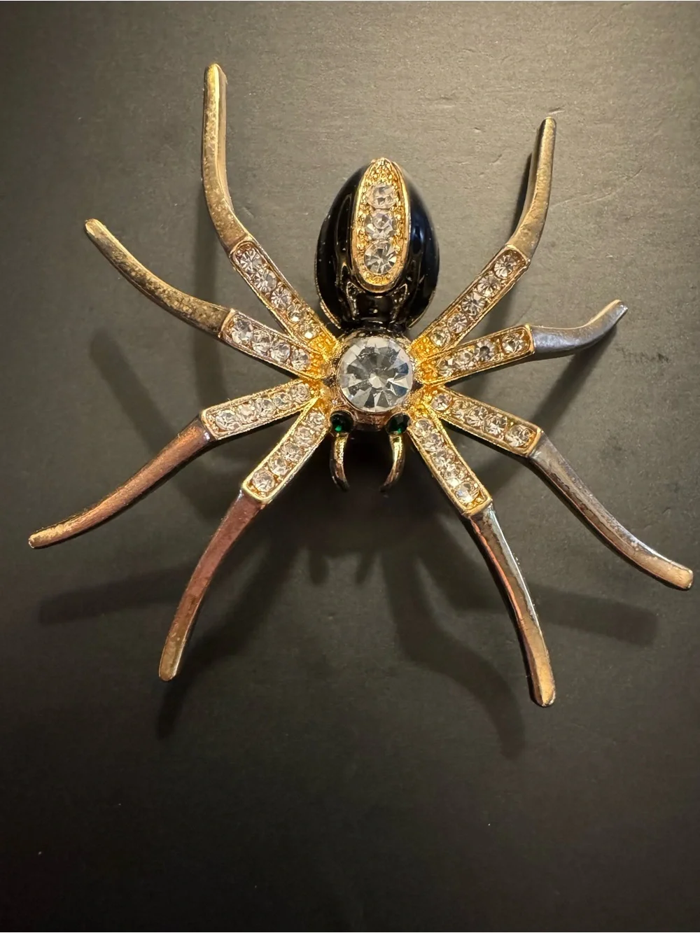 Vintage Gold Tone Black Enamel Rhinestone Spider Brooch